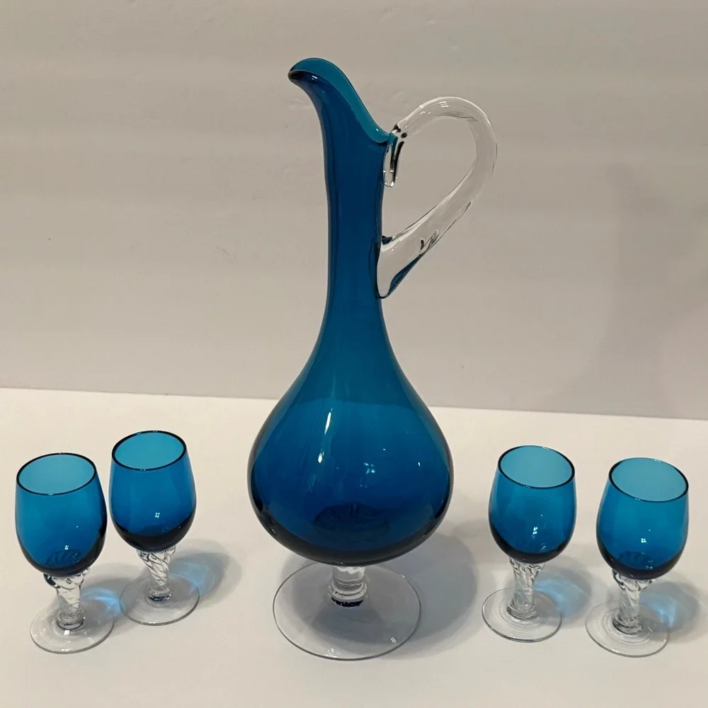 MCM Empoli Italian Glass Decanter Pitcher Set Teal Blue 4 Twisted Stem Glasses